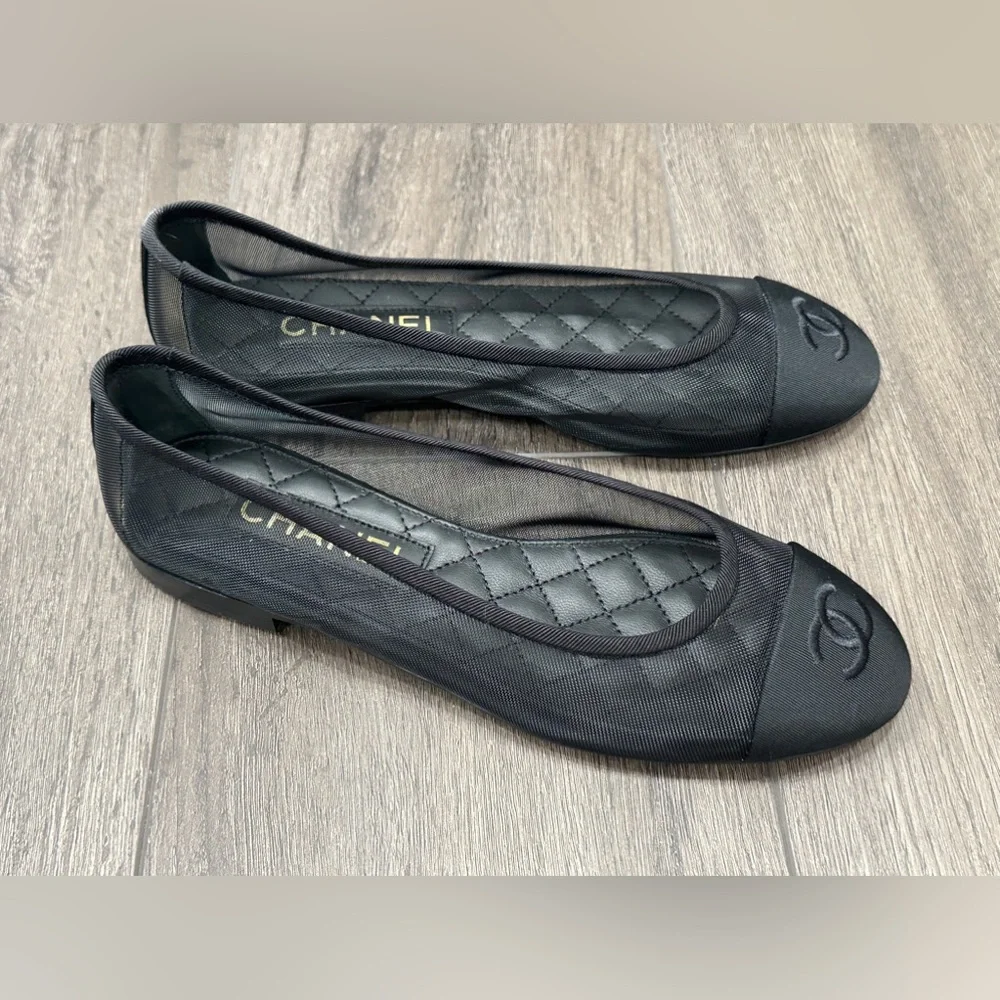 2025 CHANEL BLACK MESH BALLET FLATS BALLERINA SHOES 37 NEW - Picture 16 of 16